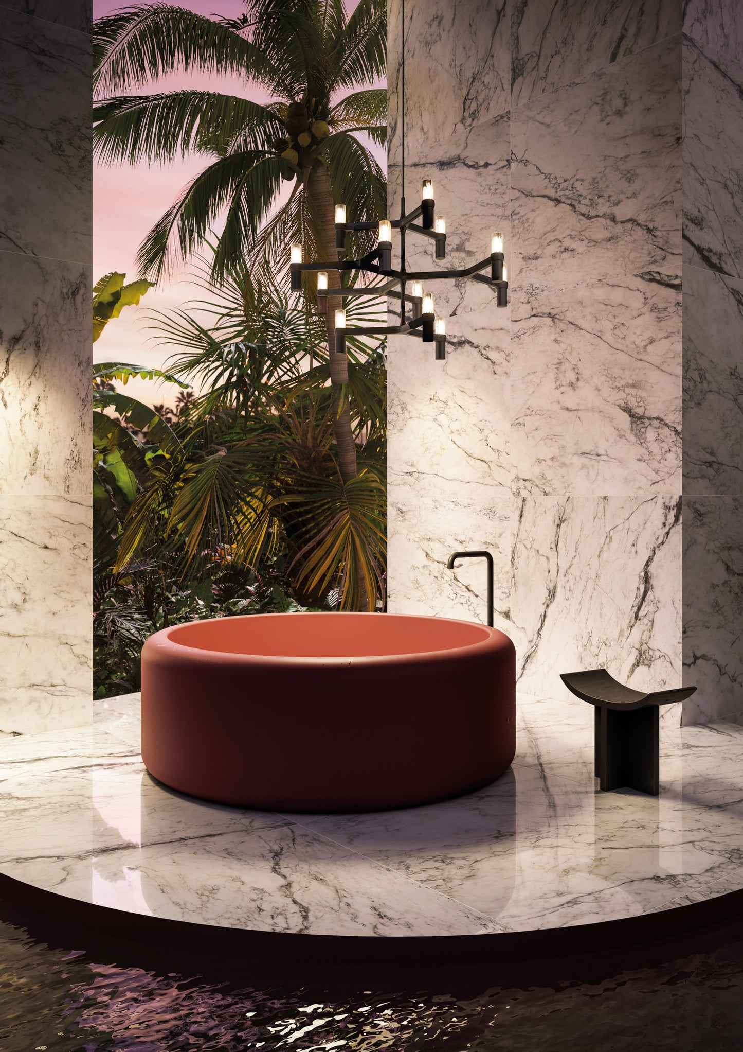 Tina circular de color rojo en un elegante baño de estilo moderno, con un suelo de marmolado Dream Pure Breccia Caprais de 120 x 120 cm, creando una experiencia lujosa y contemporánea en el diseño de interiores, con candelabro negro, vista tropical