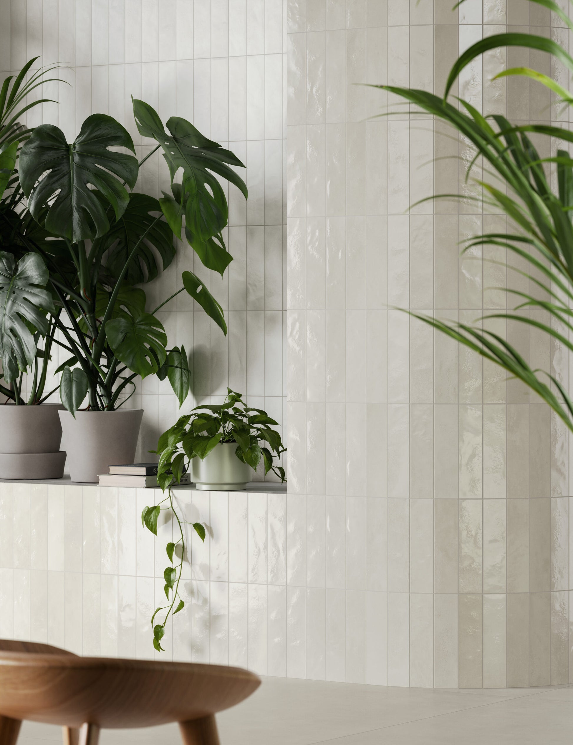 Muro con acabado blanco brillo y vegetación interior