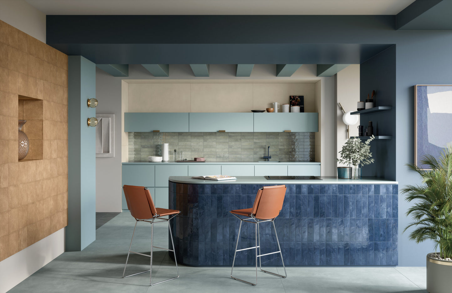 Cocina en colores azules y detalles en tonos cafe que resaltan mobiliario y un muro.