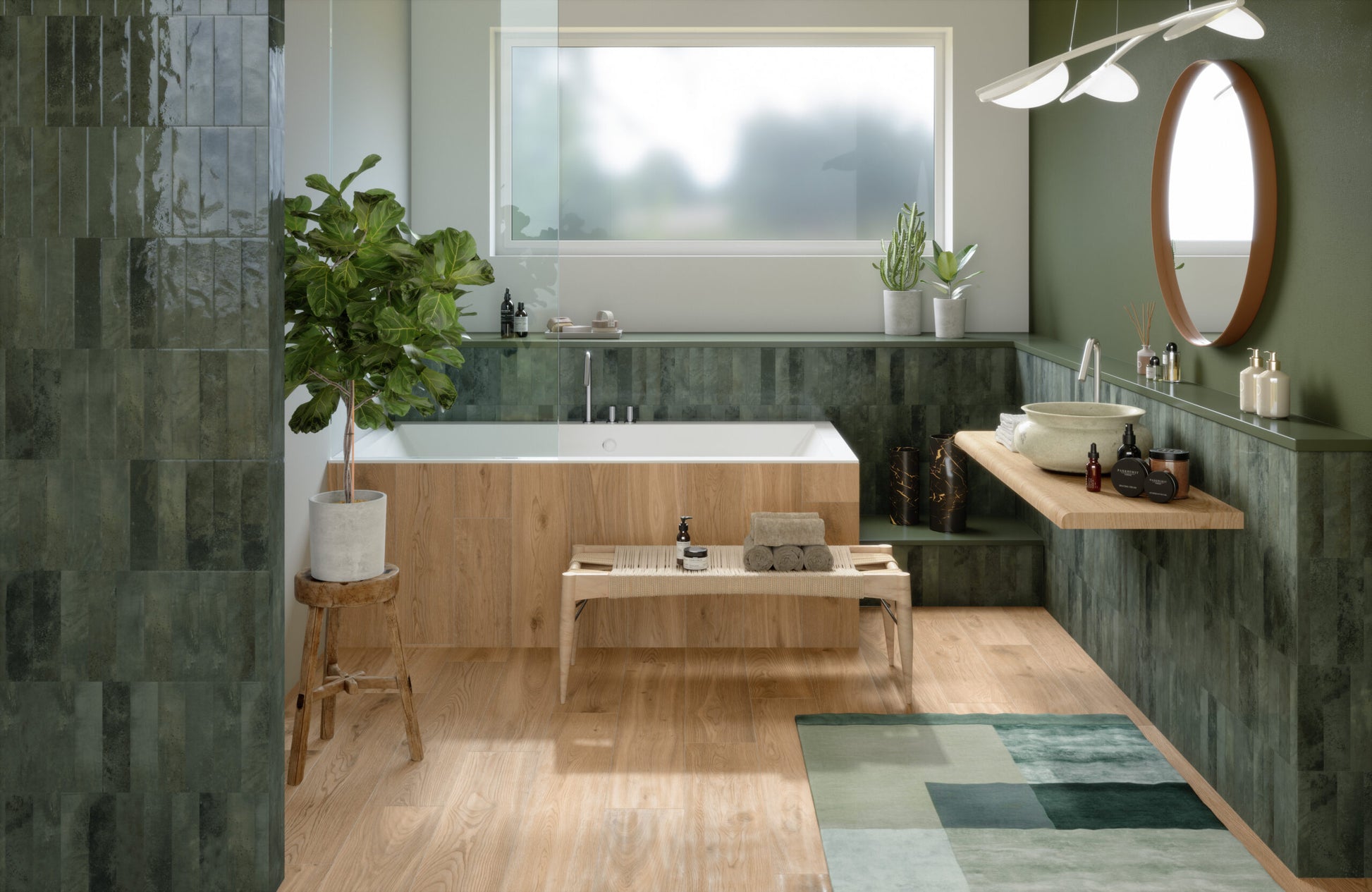 Baño de estilo Zen en tonos verdes, suelo de madera natural y una iluminación blanca, destacada por lámparas colgantes en color blanco.