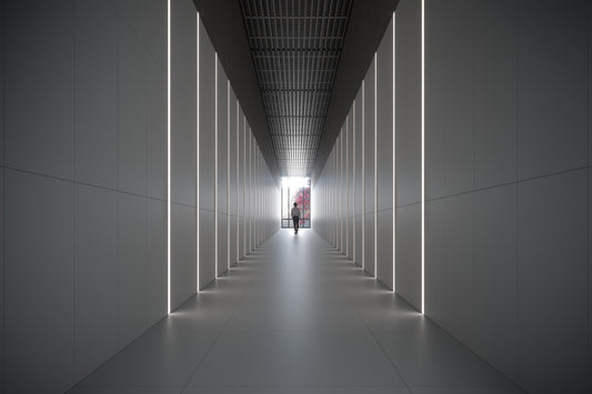 Pasillo moderno con acabados en gris y blanco limpio. A lo largo del pasillo, se encuentran salidas de luz LED. En el fondo, se aprecia vegetación de tonalidad roja y una ventana con marcos negros de herrería.